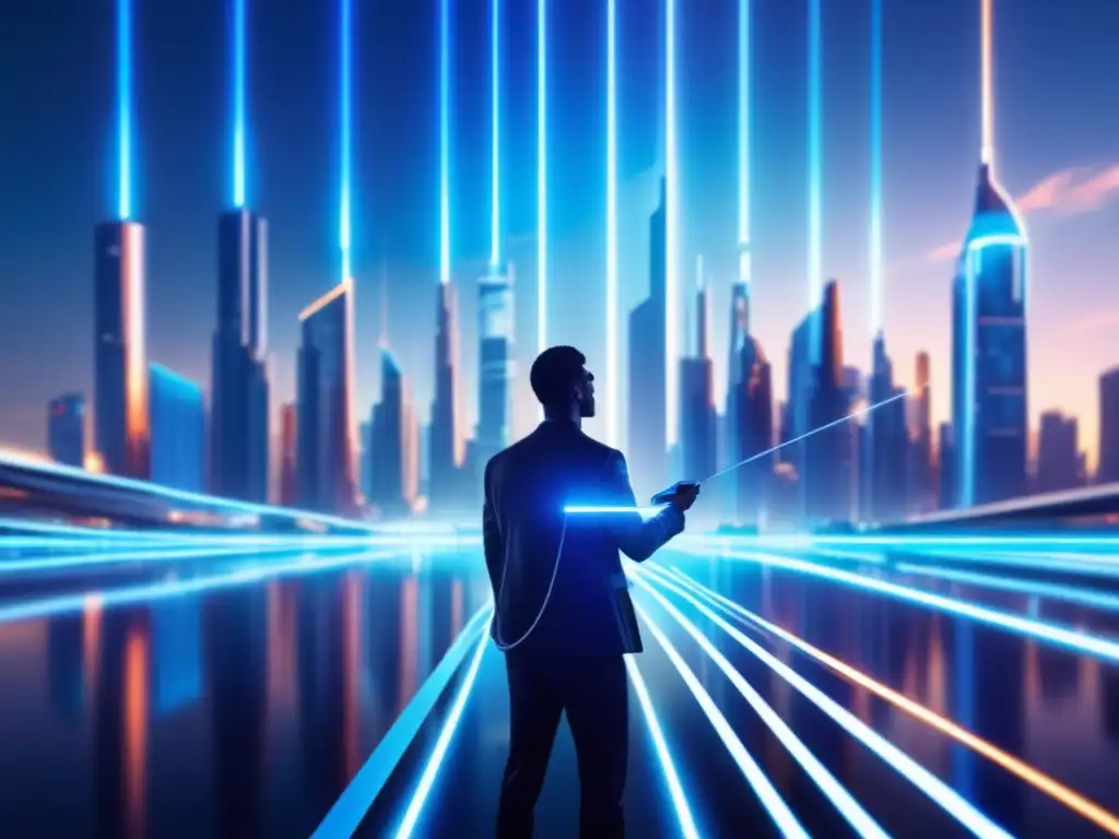 Persona frente a ciudad futurista con cable óptico luminoso Control social mediante fibra óptica en una ciudad futurista