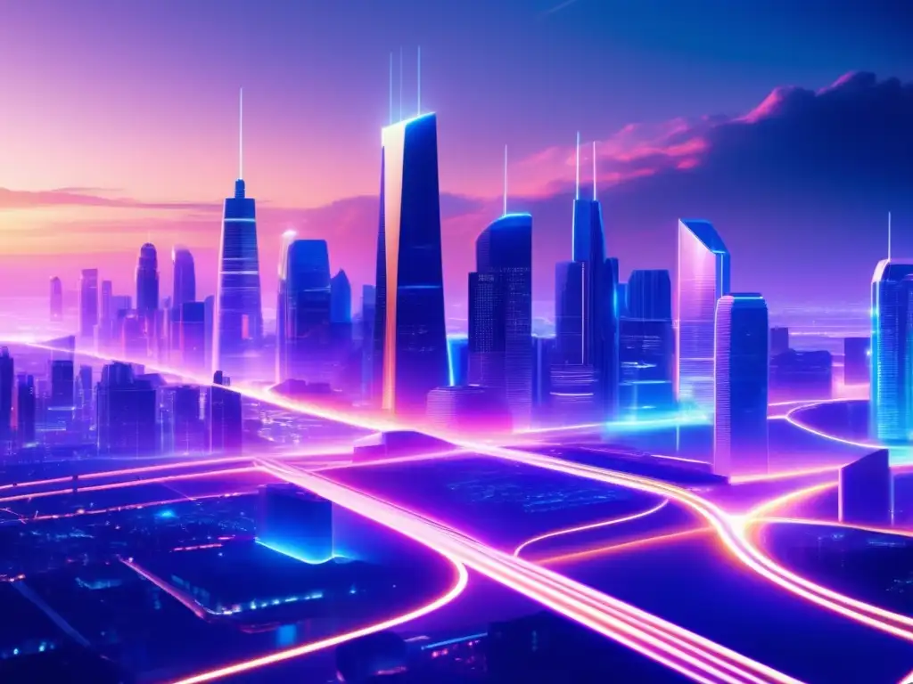 Ciudad futurista iluminada por cables de fibra óptica Beneficios de la fibra óptica en señales HD: Ciudad futurista con edificios minimalistas y cables de fibra óptica iluminados