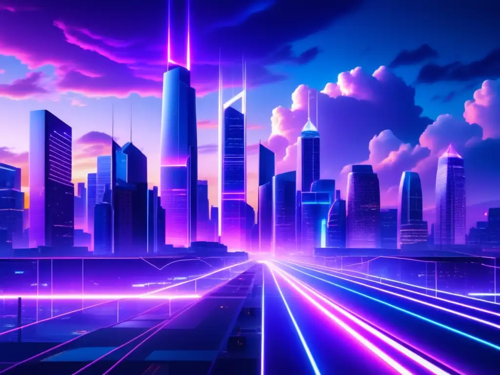 Ciudad futurista al atardecer Ciudad futurista en 8k, con rascacielos brillantes y red de fibra óptica