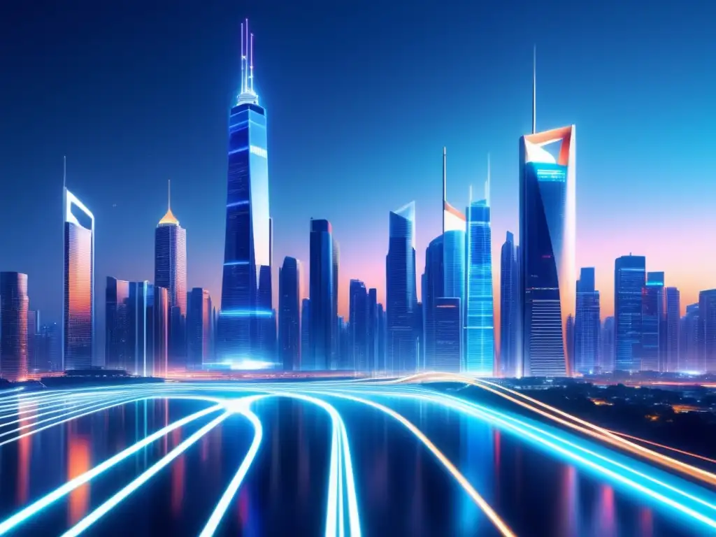 Ciudad futurista en 8k con cables de fibra óptica Ventajas de la fibra óptica: Moderna ciudad nocturna, símbolo de conectividad y avance tecnológico
