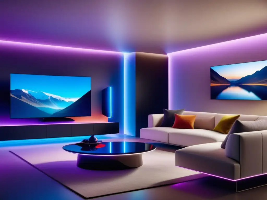 Una sala de estar futurista con una TV OLED 8K y realidad virtual, representando el futuro del entretenimiento digital con fibra óptica