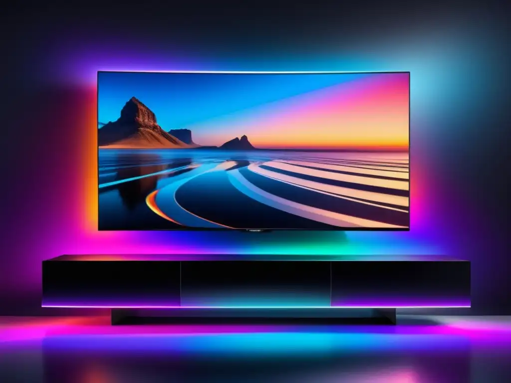 Sala de entretenimiento futurista con TV OLED y VR Ultimada imagen de entretenimiento con tecnología de fibra óptica