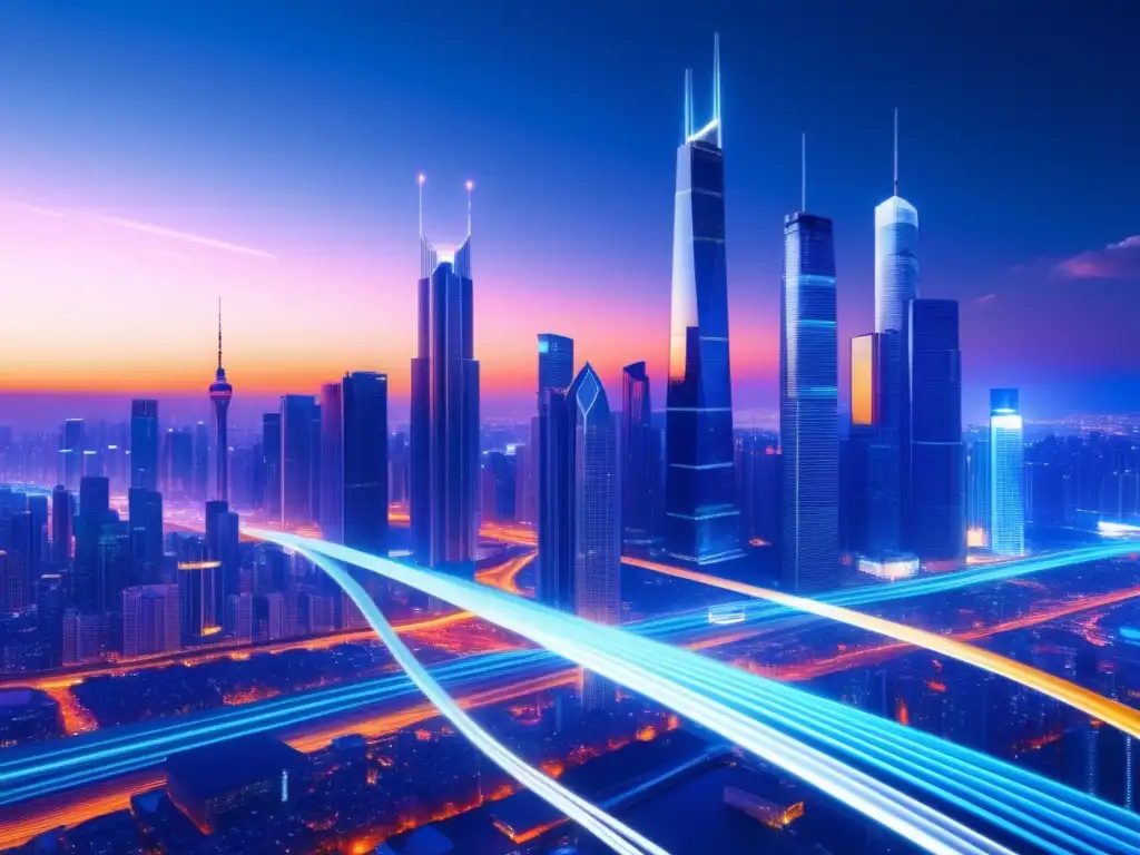 Ciudad futurista iluminada por cables de fibra óptica Impacto de la fibra óptica en la comunicación global: Ciudad futurista con rascacielos iluminados por cables de fibra óptica