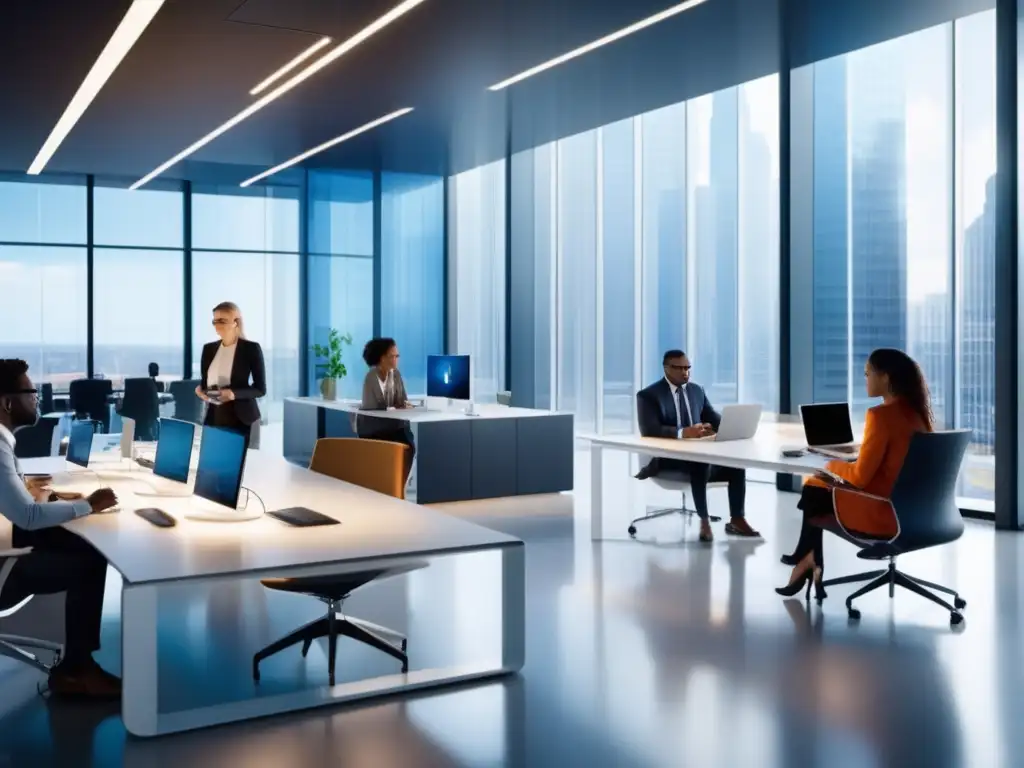 Profesionales colaborando en oficina futurista Profesionales colaborando en una oficina futurista, resaltando la importancia de la fibra óptica en la comunicación