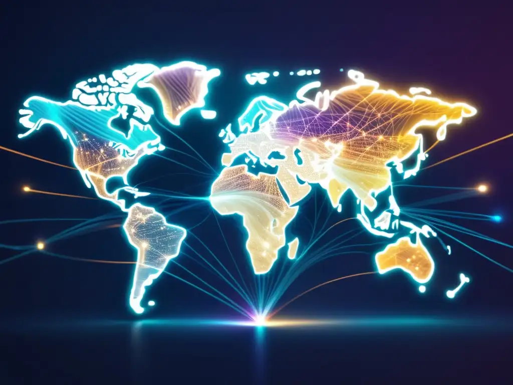 Transformación global con fibra óptica: mapa futurista de cables fiberopticos interconectados con luces vibrantes y datos en movimiento