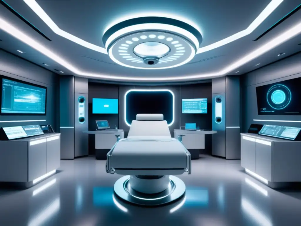 Imagen de sala de operaciones futurista con diseño minimalista y beneficios de la fibra óptica en medicina