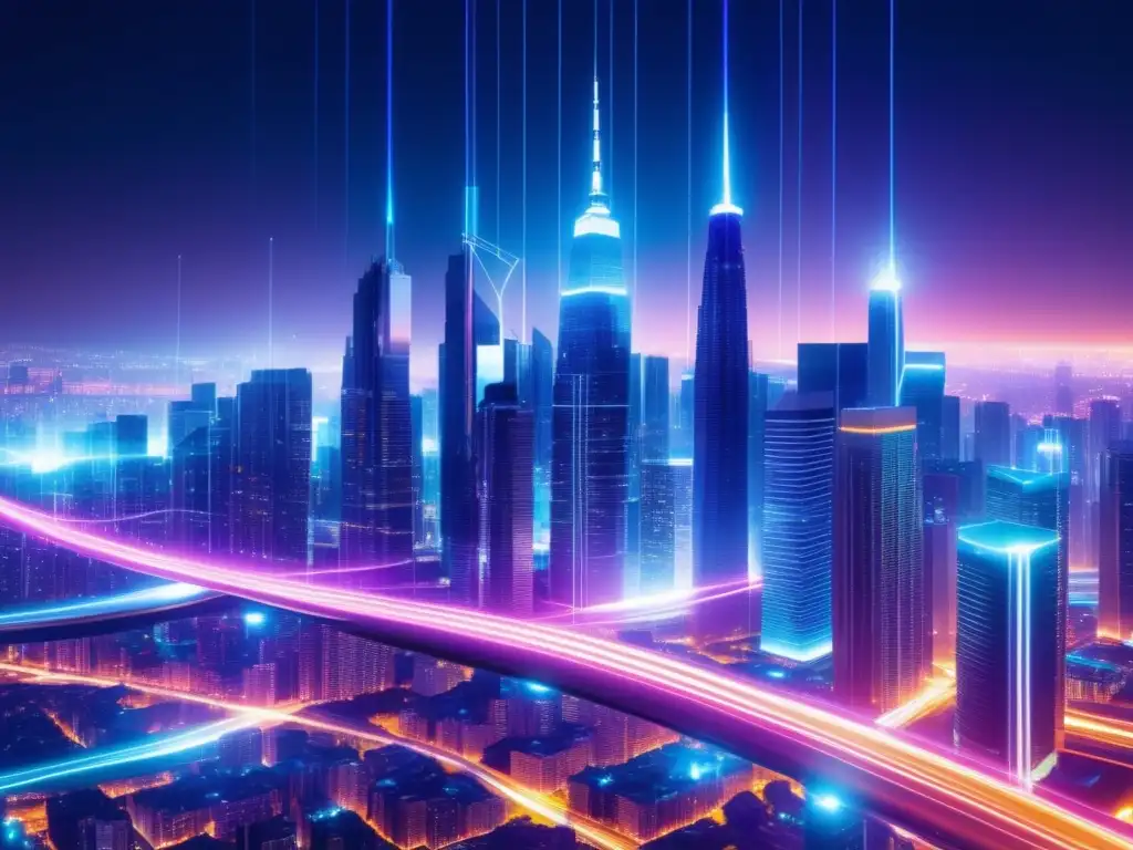 Ciudad futurista iluminada por cables de fibra óptica, conectando y superando la brecha digital