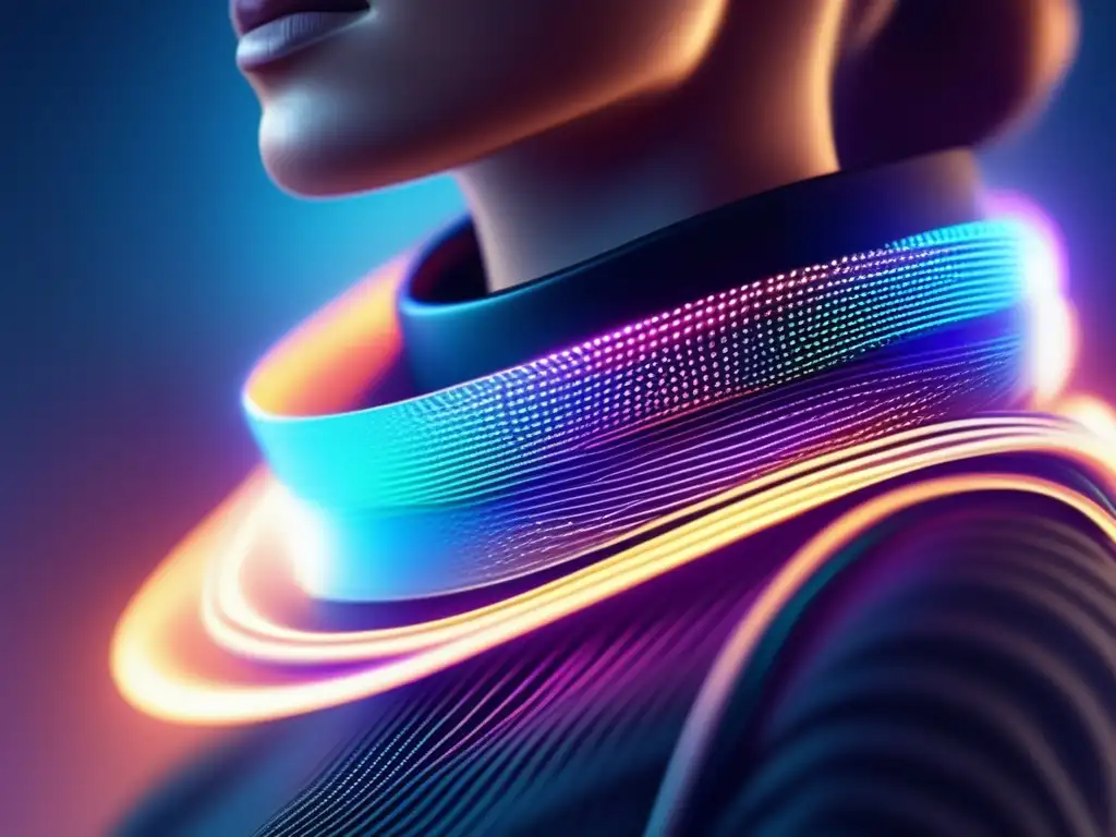 Ventajas de los wearables de fibra óptica: imagen impactante de dispositivo elegante y futurista de fibra óptica, transmitiendo datos con velocidad y calidad mejoradas