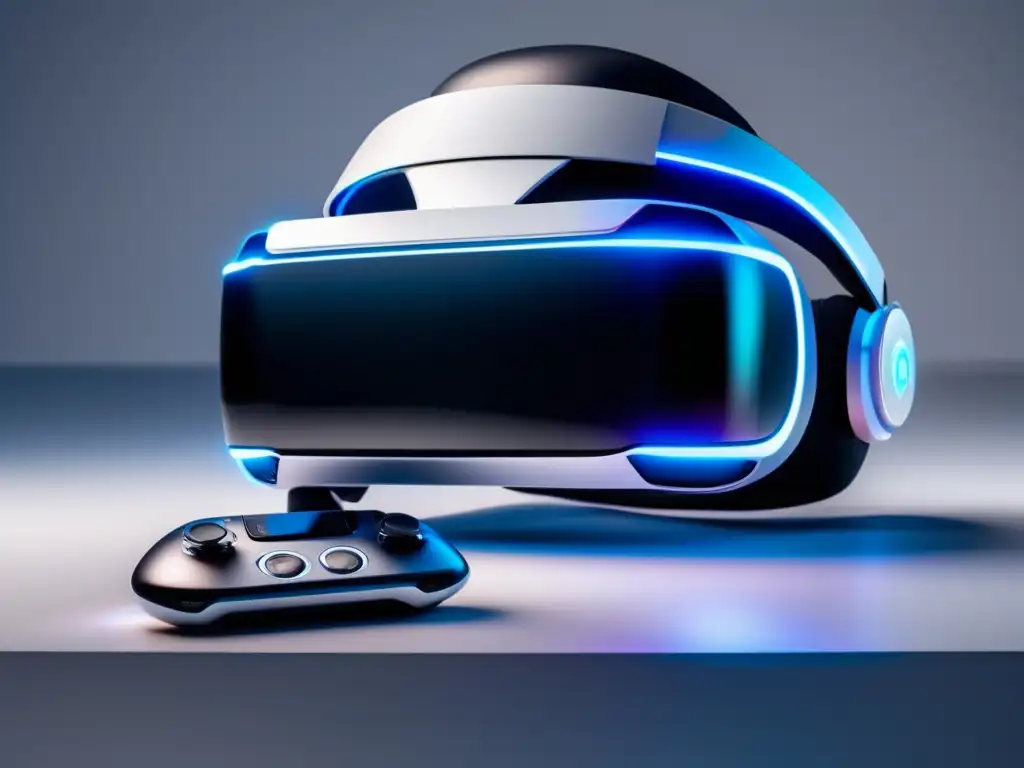 Futurista gaming setup: consola, realidad virtual, fondo blanco