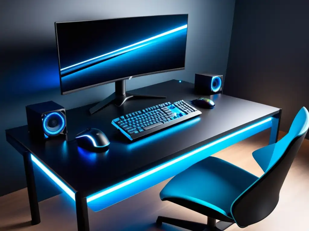 Gaming setup con fibra óptica: moderno y envolvente, con teclado iluminado, estanterías organizadas