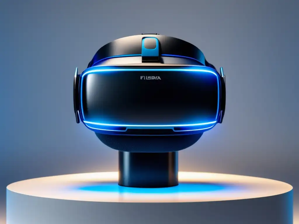 Beneficios de fibra óptica en realidad virtual: moderno headset negro con acentos metálicos, conectado por líneas azules