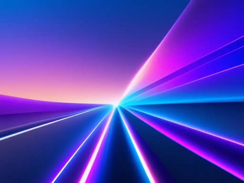 Ventajas de la fibra óptica: cable futurista en tonos azules y morados que desaparece en un horizonte brillante