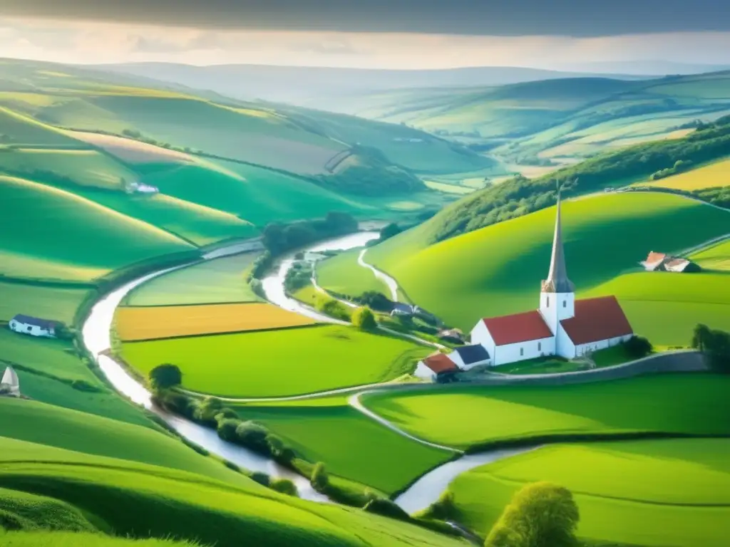 Paisaje rural con río y pueblo Paisaje rural con colinas verdes y un río, una aldea encantadora, una iglesia y una fibra óptica