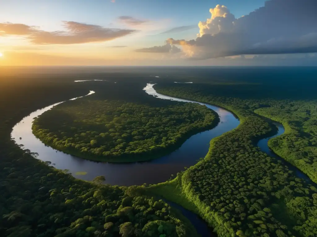 Impacto ambiental de la fibra óptica en el Amazonas: biodiversidad, fragilidad y belleza de la selva amazónica al atardecer