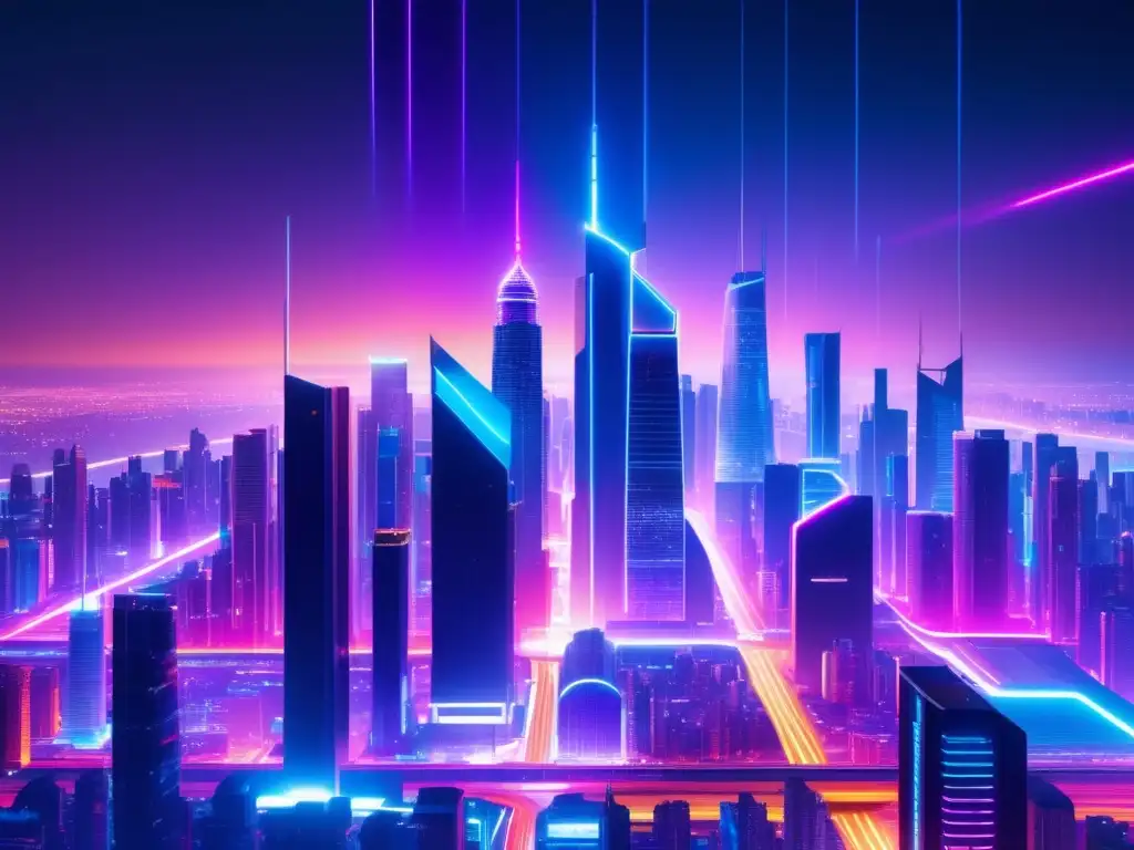 Futurista ciudad nocturna con rascacielos iluminados por luces neón