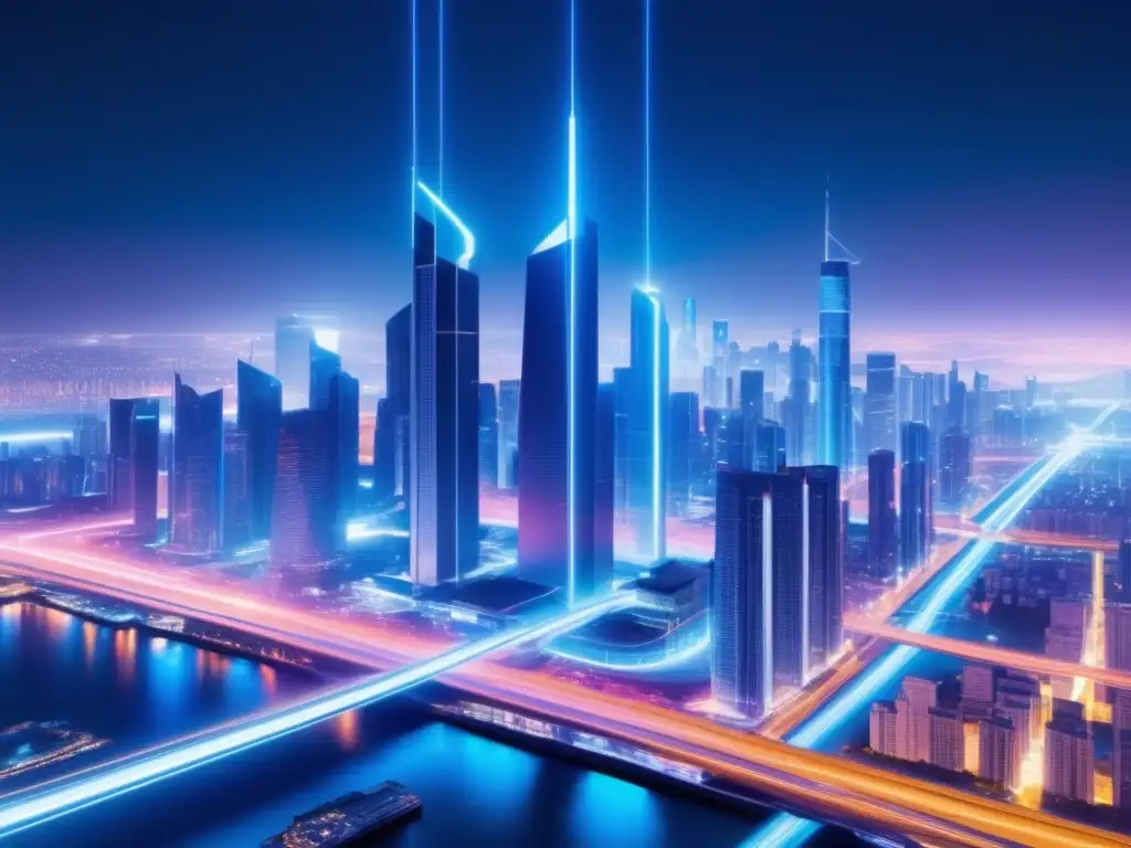 Ventajas de transmisión con fibra óptica: Futurista ciudad nocturna, edificios altos, cables de fibra óptica que conectan globalmente