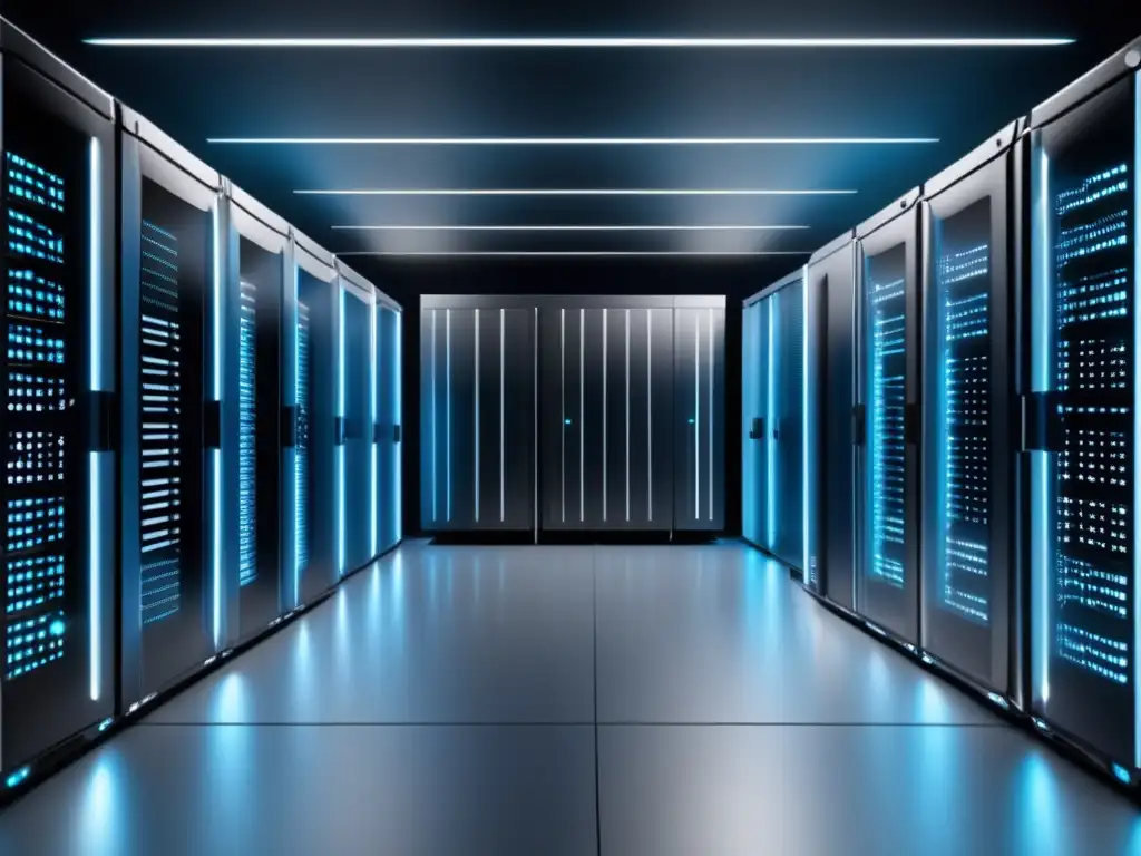 Ventajas servidores ópticos en data centers: Imagen moderna y detallada de un centro de datos con servidores ópticos eficientes y seguros