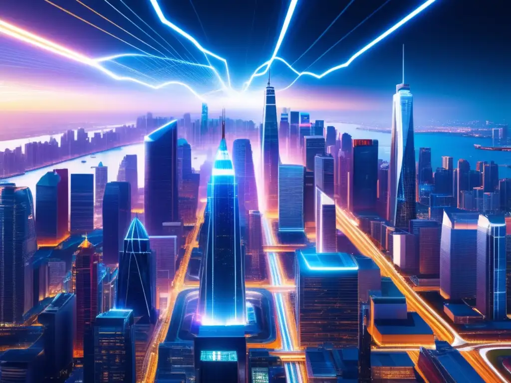 Futurista ciudad conectada por fibra óptica Importancia de la fibra óptica en la comunicación: ciudad futurista con rascacielos iluminados y flujo de luz multicolor