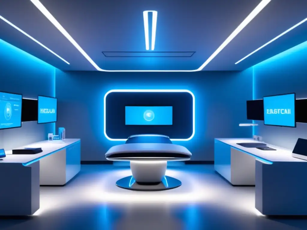 Futuro centro médico con diseño minimalista y luz LED azul