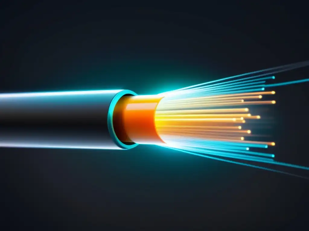 Tipos y usos de la fibra óptica: cable elegante y moderno de fibra óptica, iluminado y detallado en 8k, con colores vibrantes y diseño minimalista