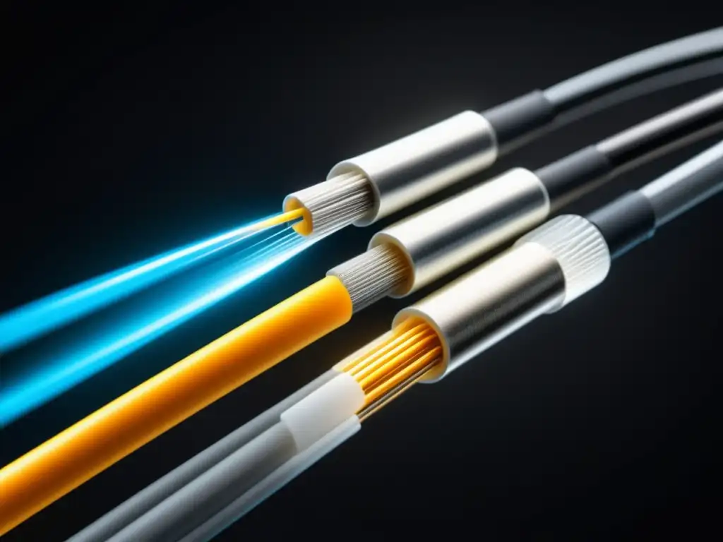 Ventajas de la fibra óptica en resistencia: Cable de fibra óptica moderno y elegante, transmitiendo datos a través de pulsos de luz