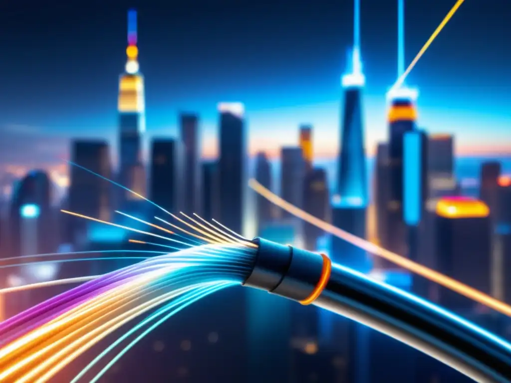 Ventajas fibra óptica: Cable sofisticado iluminado, ciudad futurista y competitividad en el mercado