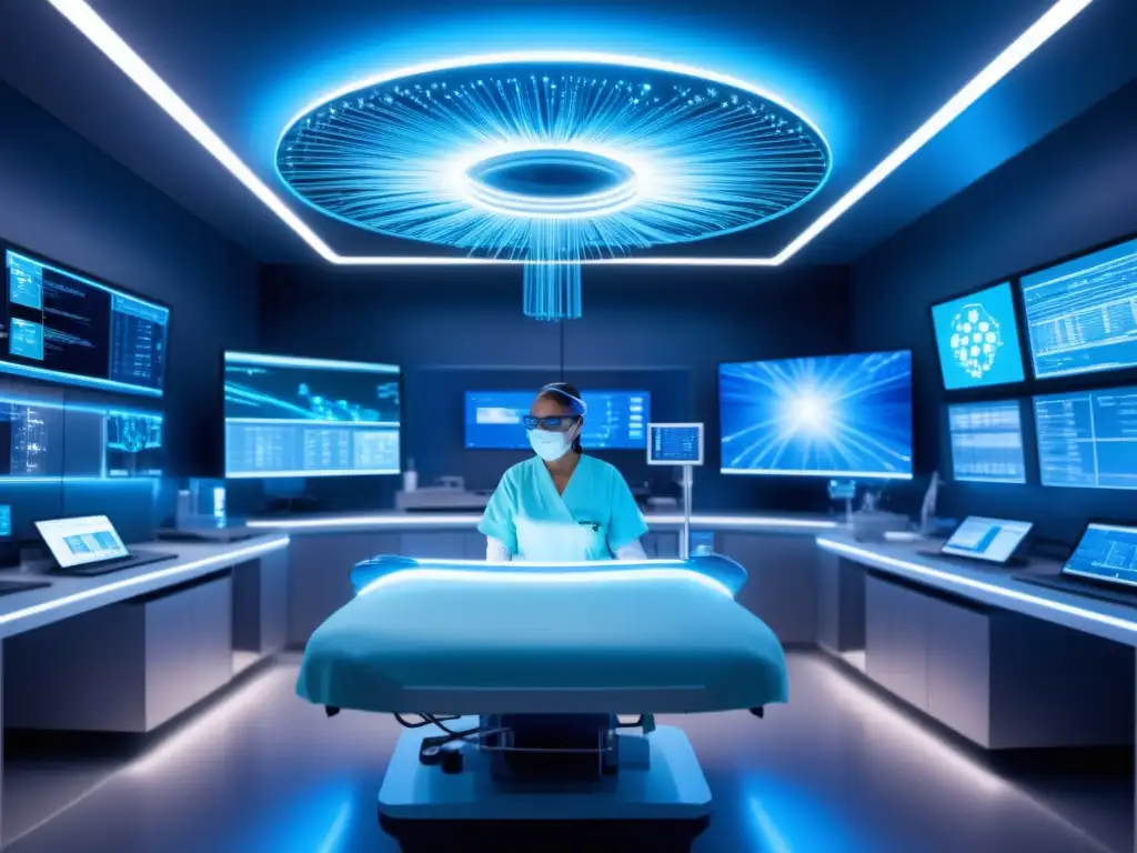 Beneficios de la fibra óptica en salud: sala de operaciones futurista con equipo médico avanzado y cirujano con gafas de realidad aumentada