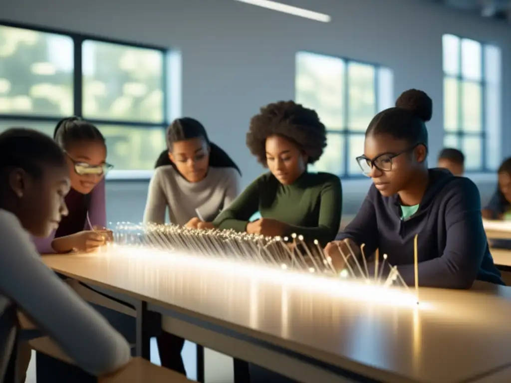 Beneficios educativos de la óptica de fibra en una moderna y minimalista clase con estudiantes participando en una actividad práctica