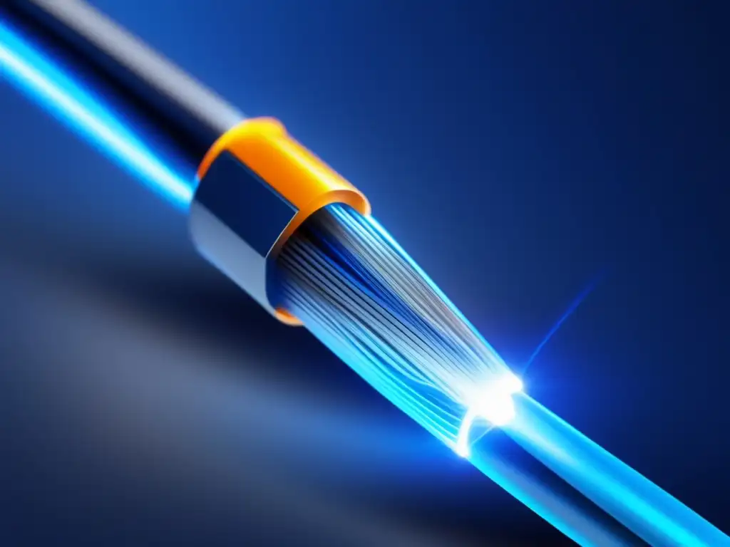 Ventajas y desventajas de la fibra óptica: cable azul de fibra óptica iluminado, perfectamente recto y elegante