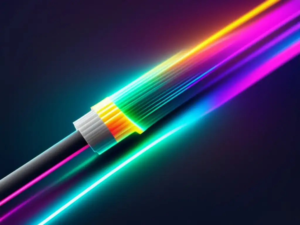 Beneficios de la fibra óptica en medicina forense: cable iluminado con colores vibrantes, movimiento dinámico y estética futurista