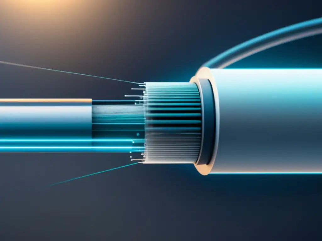 Beneficios fibra óptica en enfermedades infecciosas: imagen detallada de un moderno centro médico con cable óptico, profesionales en lab coats y flujo de información vibrante