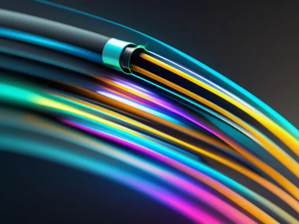 Ventajas de la fibra óptica en educación: imagen detallada de un cable de fibra óptica con estructura precisa y colores neon