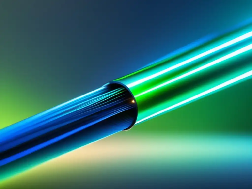 Tecnología de fibra óptica revolucionaria - Detalle 8k: cable óptico brillante rodeado de formas geométricas abstractas en azul y verde