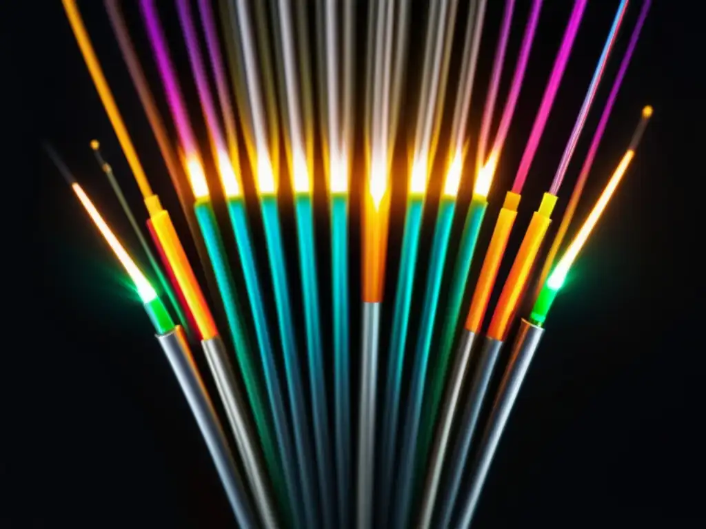 Tecnología de fibra óptica: Eficiencia y precisión Innovaciones fibra óptica comunicación global: Detalle de cable de fibra óptica con vibrantes pulsos de luz en fondo negro