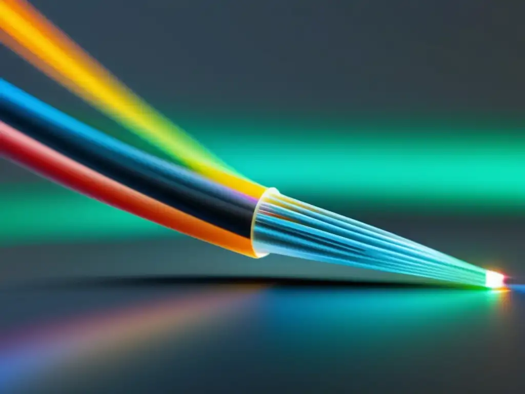 Ventajas de la fibra óptica: Representación minimalista de un cable de fibra óptica, transmitiendo datos en colores vibrantes y diseño sofisticado