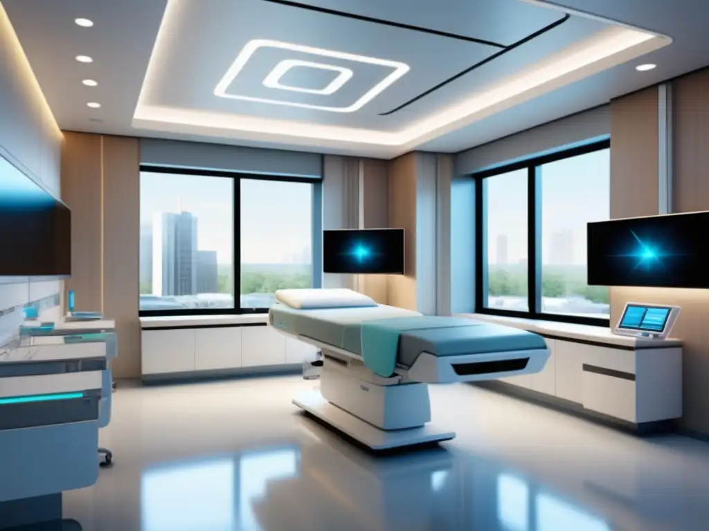 Impacto de la fibra óptica en pediatría: Hospital moderno con tecnología avanzada, iluminado, con confortables muebles y un pediatra atento