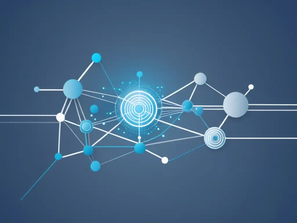 Desafíos en implementación fibra óptica: ilustración moderna de infraestructura de red con nodos interconectados y líneas de fibra óptica