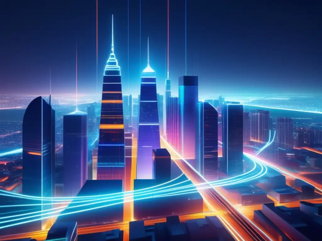 Ciudad moderna nocturna con cables de fibra óptica Beneficios de la fibra óptica en la participación ciudadana: una ciudad moderna con cables de fibra óptica luminosos entre los edificios