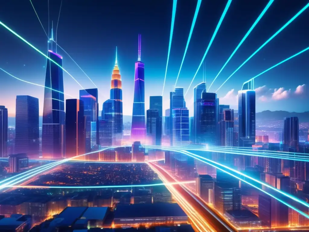 Ventajas de la fibra óptica en una futurista ciudad nocturna con cables luminosos y edificios modernos