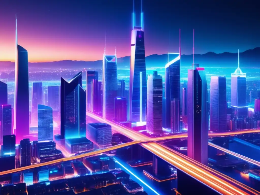 Ciudad futurista nocturna con edificios modernos y cables de fibra óptica iluminados Futurista ciudad nocturna con edificios modernos y redes de fibra óptica iluminadas