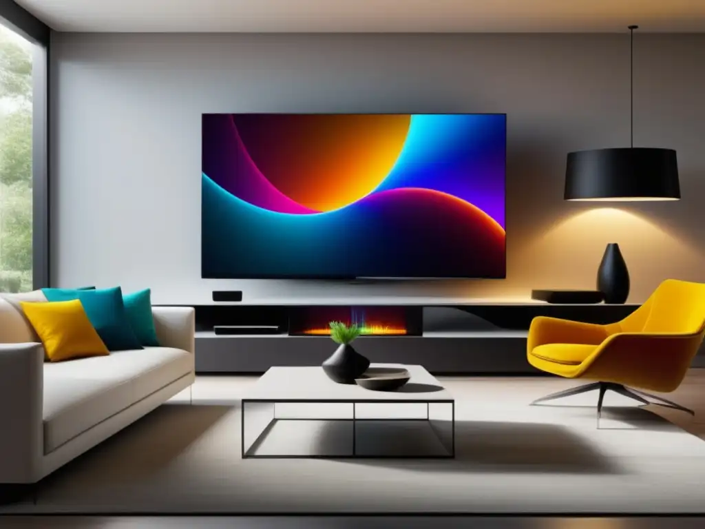 Beneficios de la fibra óptica en TV: imagen sala minimalista con TV grande, imagen nítida, colores vivos y detalles precisos