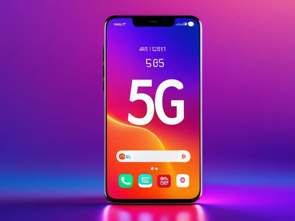 Ventajas de la fibra óptica en redes 5G: Smartphone moderno con icono 5G vibrante, elegancia y tecnología avanzada