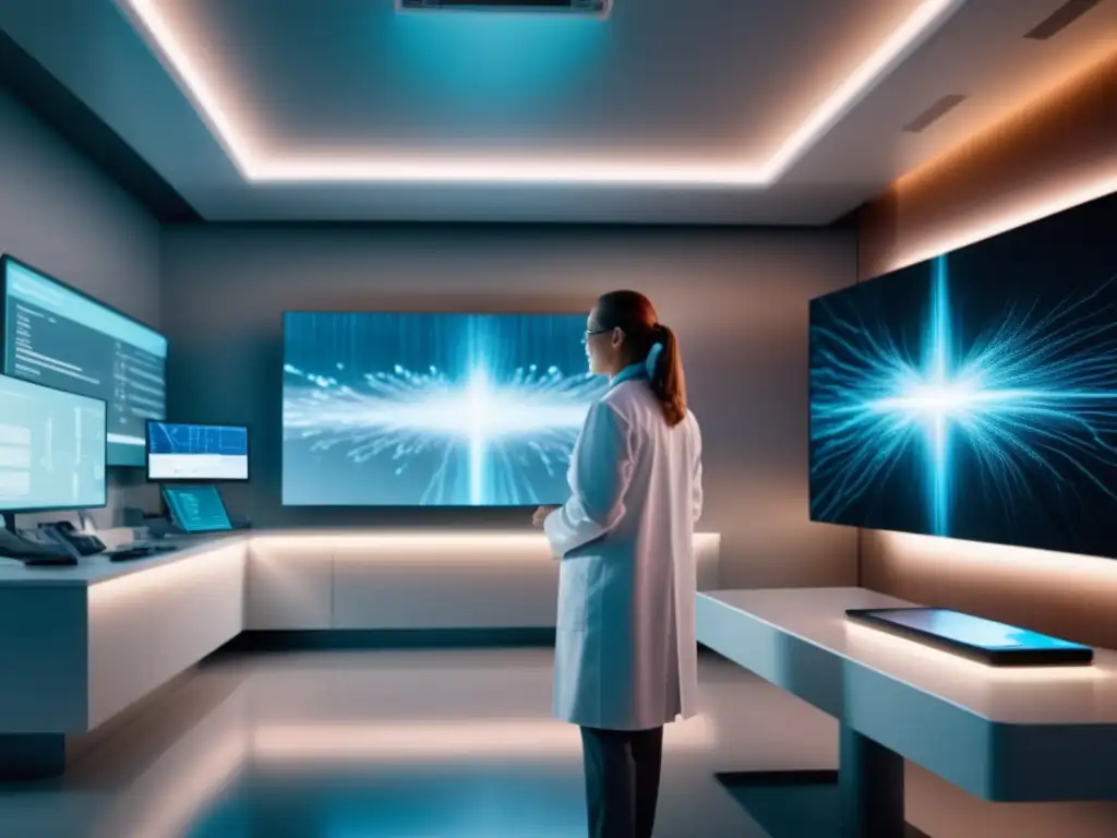 Beneficios de la fibra óptica en la atención médica: imagen 8k muestra ambiente hospitalario moderno, médico interactúa con datos médicos holográficos