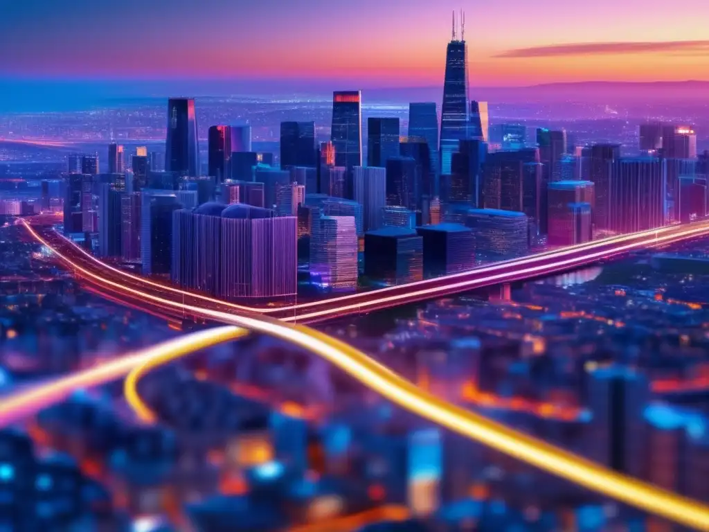 Ciudad moderna con cables de fibra óptica Impacto fibra óptica en comunicación global: ciudad moderna, luz etérea, cables vibrantes conectan edificios, integración físico-digital