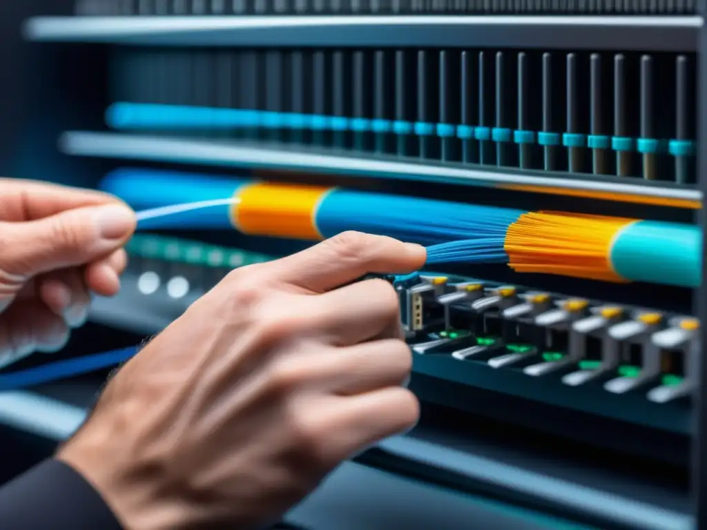 Instalación de fibra óptica: secretos y procesos, imagen detallada de instalador conectando cables de fibra óptica