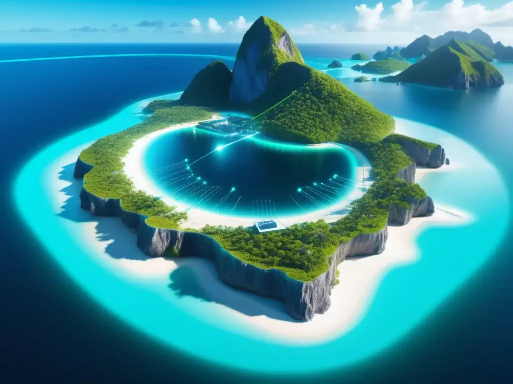 Desafíos de la fibra óptica en islas remotas: imagen de isla futurista con infraestructura de cables de alta tecnología y colaboración público-privada