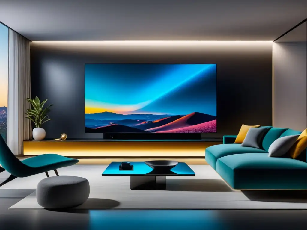 Sala de estar moderna y elegante con tecnología avanzada Sala de estar moderna con TV OLED 4K, altavoces y consola de juegos futurista - Ventajas de la fibra óptica en el entretenimiento doméstico