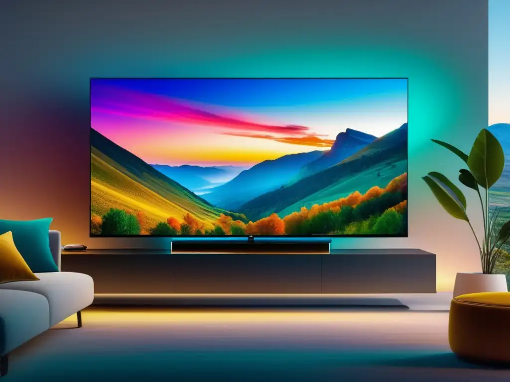 Sala de estar moderna con TV 8k y tecnología de fibra óptica Ventajas de la fibra óptica en el entretenimiento: sala moderna con TV 8k, imagen nítida y colores vibrantes