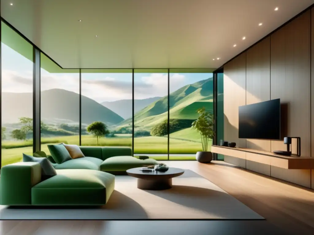 Ventajas de la fibra óptica en hogares inteligentes: Living room moderno con vistas panorámicas y tecnología inteligente