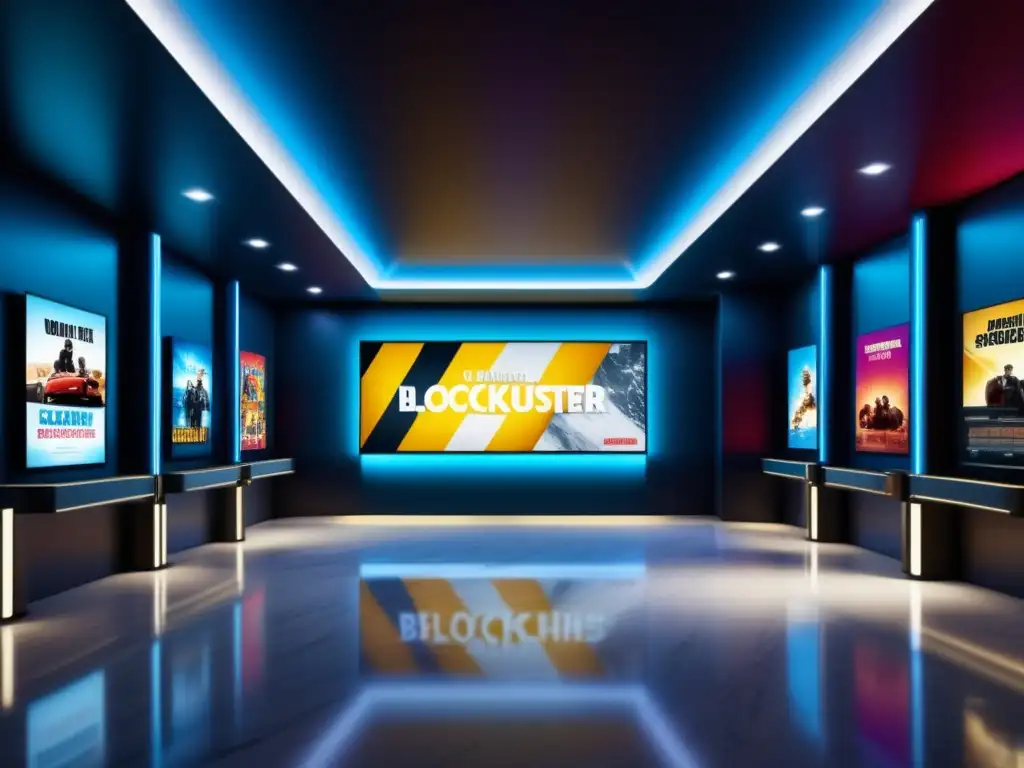 Lobby moderno de cine con pantalla HD, posters vibrantes y ambiente sofisticado